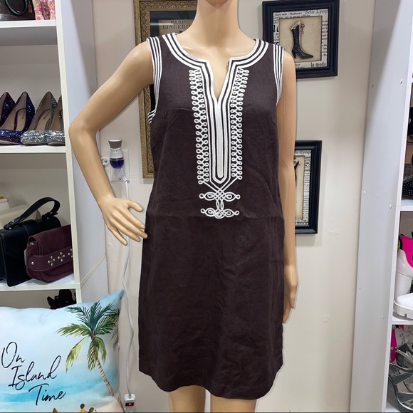 Michael Kors Brown/White Linen V Neck Sleeveless Dress Size 6 - Picture 2 of 12